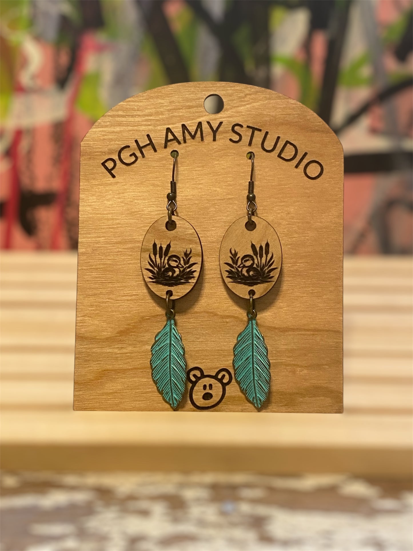 Baby Duck Cattail Earrings (patina feather)