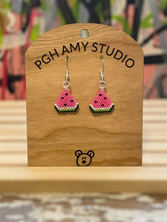 Beaded Watermelon Slice Earrings (pink)