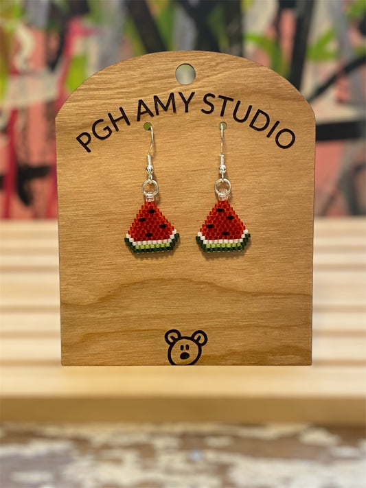 Beaded Watermelon Slice Earrings (red)